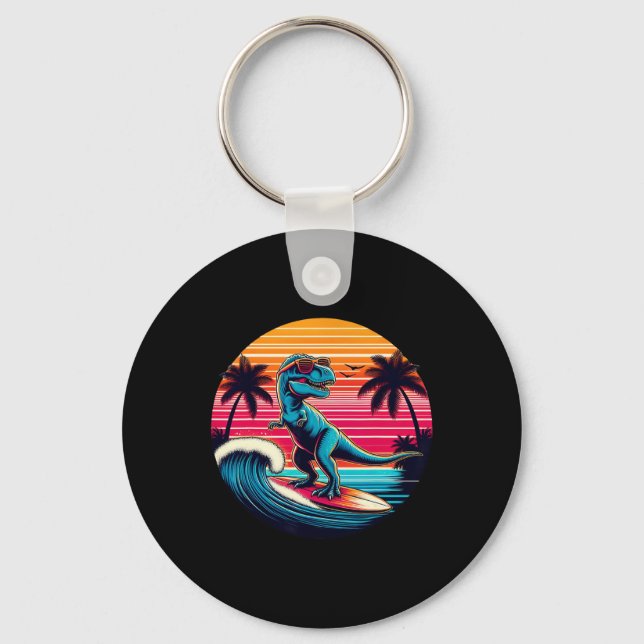Llavero Dinosaurio Divertido Surfando Puesta de Sol Retro  (Anverso)