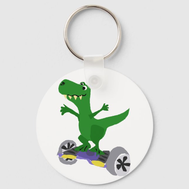 Llavero Dinosaurio divertido verde T-Rex en patineta motor (Anverso)