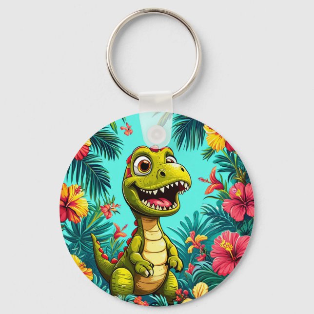 Llavero Dinosaurio Personalizado con flores tropicales (Anverso)