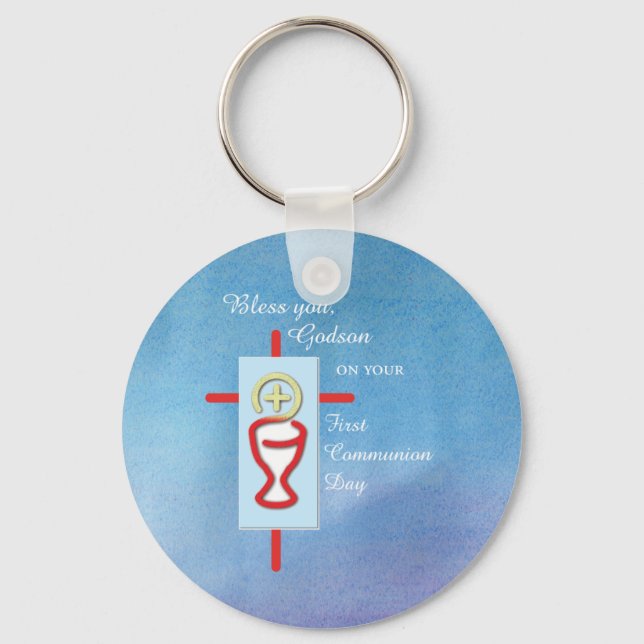Llavero Dios, primera comunión sagrada, azul (Anverso)