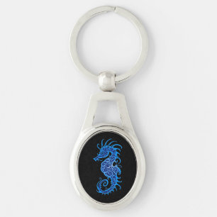 Llavero Diseño azul complejo del Seahorse en negro