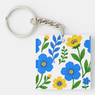 Llavero Diseño Botánico Floral Azul y Amarillo