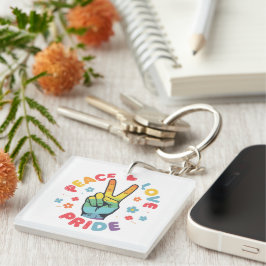 Llavero Diseño colorido con mano de paz, amor y orgullo