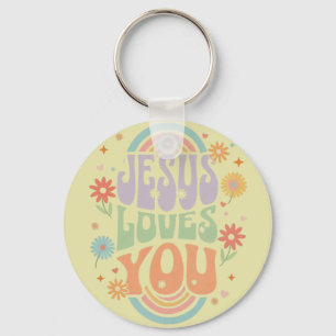 Llavero Diseño Cristiano Retro Pastel “Jesús te Ama” –