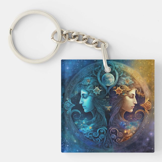 Llavero Diseño de acuarela de Rótulo zodiaco de Gemini (Frente)