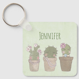 Llavero Diseño de acuarela del trío Cactus sonriente
