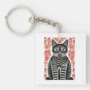Llavero Diseño de Arte Folclórico de Gato Negro Minimalist