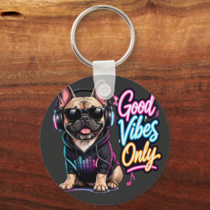 Llavero Diseño de Bulldog Francés con Buenas Vibraciones