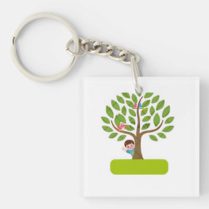 Llavero Diseño de camiseta de árbol lindo con niños y pája