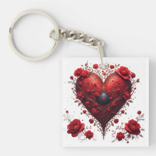 Llavero Diseño de corazón floral rojo con flores florecien
