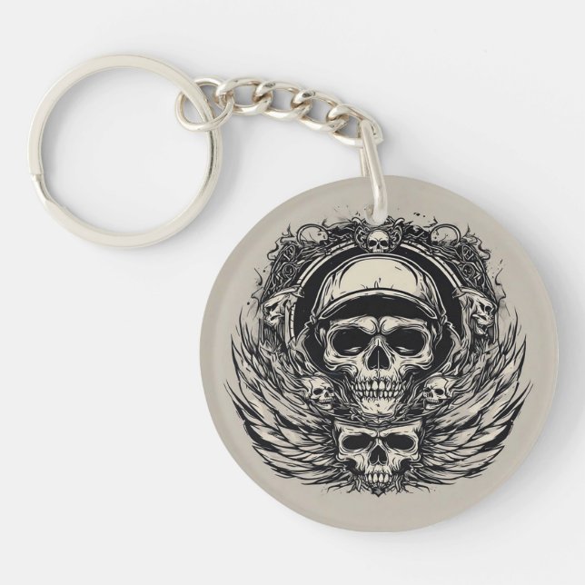 Llavero Diseño de cráneo con alas y símbolos (Frente)