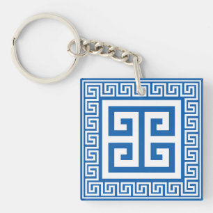 Llavero Diseño de diseño de clave griega blanco y azul