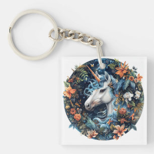 Llavero Diseño de fantasía de unicornio y flores