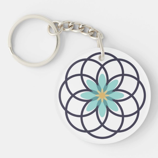 Llavero Diseño de flores acrílico azul marino y turquesa (Frente)