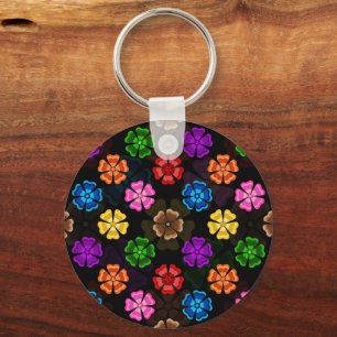 Llavero Diseño de flores de arcoíris retro coloridas negro