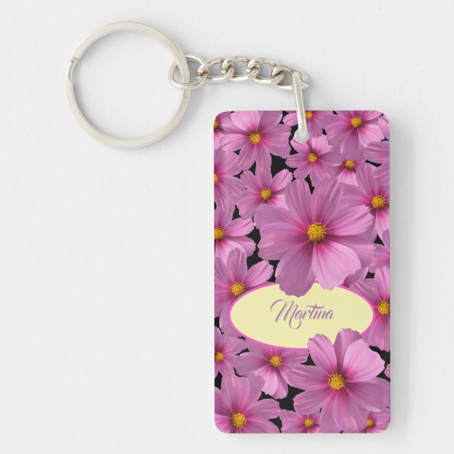 Llavero Diseño de flores moradas de cosmos en un fondo neg (Frente)