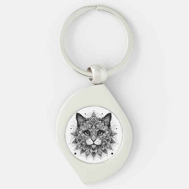 Llavero Diseño de gato con patrón de mandala (Anverso)