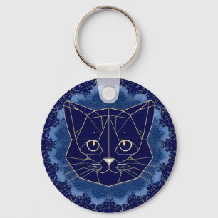 Llavero Diseño de gato geométrico rodeado de estrellas dor