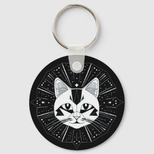 Llavero Diseño de gato geométrico rodeado de estrellas dor