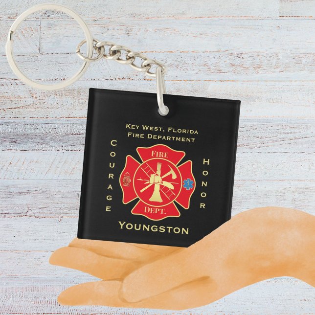 Llavero Diseño de honor del Emblem del Departamento de Bom (Firefighter Fire Department Maltese Cross Emblem Keychain)