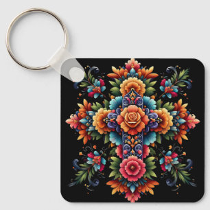Llavero Diseño de la Cruz Floral Mexicana