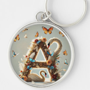 Llavero Diseño de letra A floral elegante con cisne