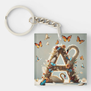 Llavero Diseño de letra A floral elegante con cisne