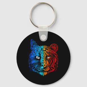Llavero Diseño de mandala de cara de gato vs tigre
