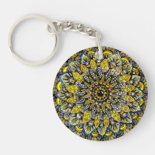 Llavero Diseño de mandala dibujado a mano en verde amarill
