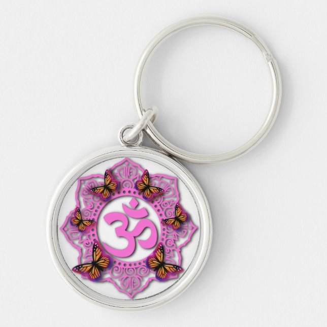 Llavero Diseño de mandala ohm rosa con mariposas Monarca (Frente)
