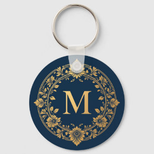 Llavero Diseño de Monograma Floral de Oro Elegante