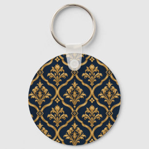 Llavero Diseño de Motivo Vintage de Damasco Dorado y Azul