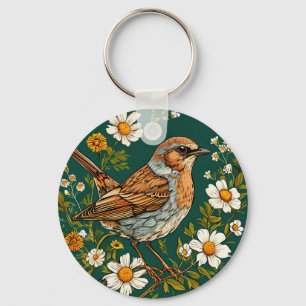 Llavero 🐦 Diseño de Naturaleza Floral con Pájaro Dunnock 