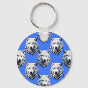 Llavero Diseño de patrón de cabeza de lobo blanco azul