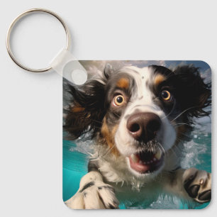 Llavero Diseño de perro emocionado nadando bajo el agua