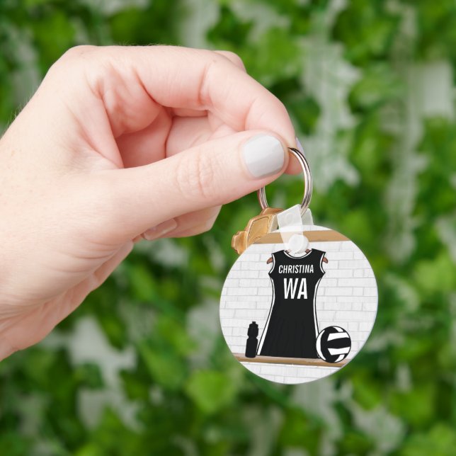 Llavero diseño de personalizable netball negro y blanco (Mano)