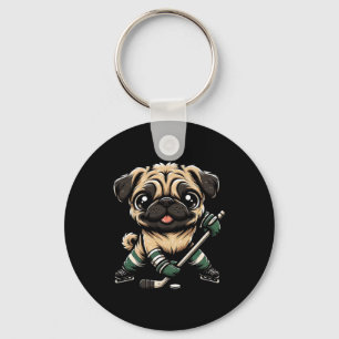 Llavero Diseño de pug lindo jugando hockey sobre hielo par