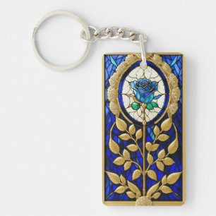 Llavero Diseño de Rosa Azul en Vidrio Emplomado