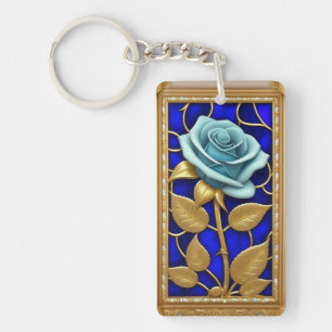 Llavero Diseño de Rosa Azul en Vidrio Emplomado