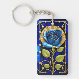Llavero Diseño de Rosa Azul en Vidrio Emplomado