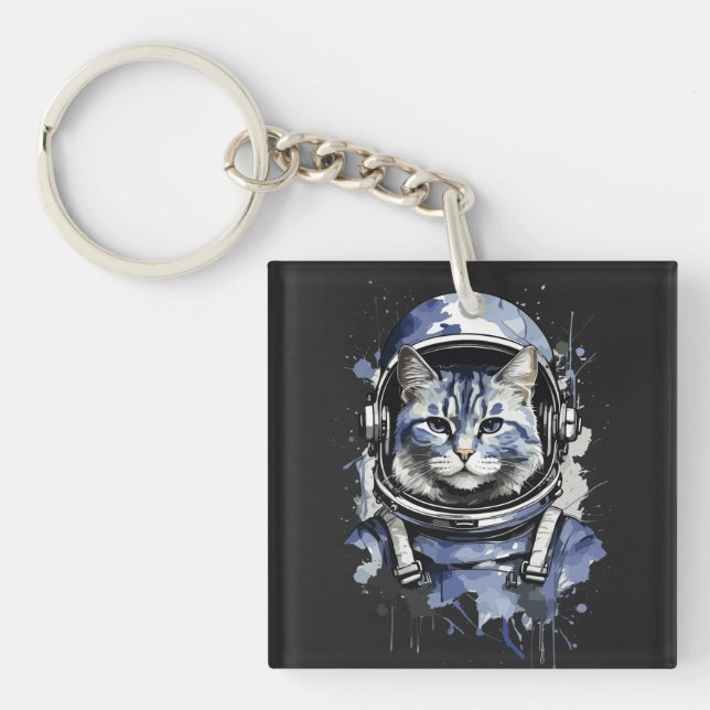 Llavero Diseño de salpicaduras de gato de astronauta azul (Frente)