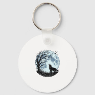 Llavero Diseño de silueta de árbol de luna aullando lobo v