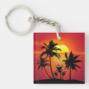 Llavero Diseño de silueta de palmeras al atardecer-65143