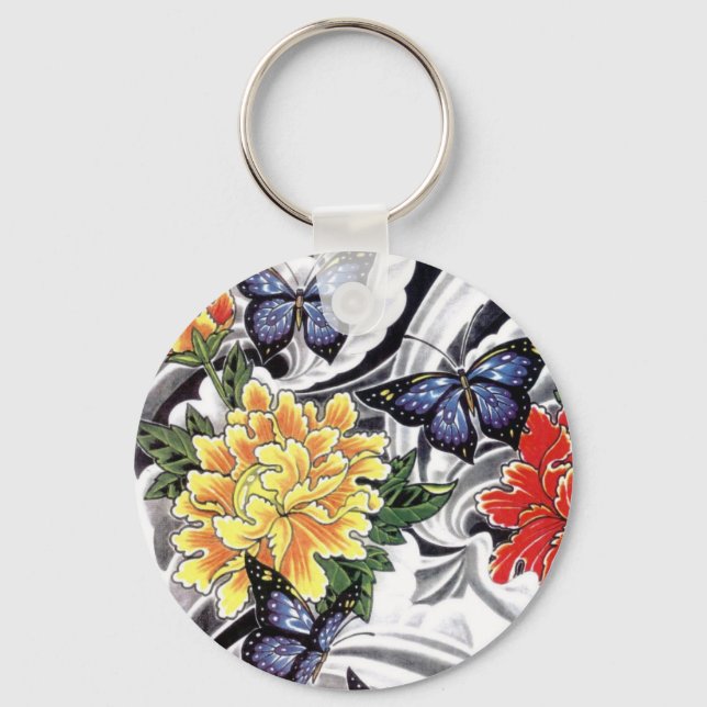 Llavero Diseño de tatuajes para peones amarillos y maripos (Anverso)