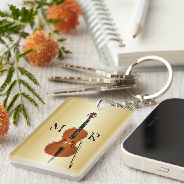 Llavero Diseño de violonchelo con monograma (Frente Derecha)