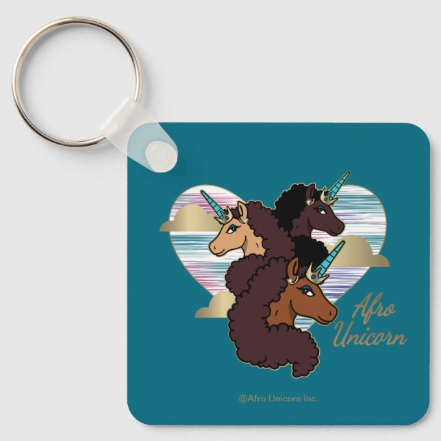 Llavero Diseño del corazón del trío Afro Unicornio (Anverso)