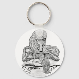 Llavero Diseño en blanco y negro de Wolf y Raven
