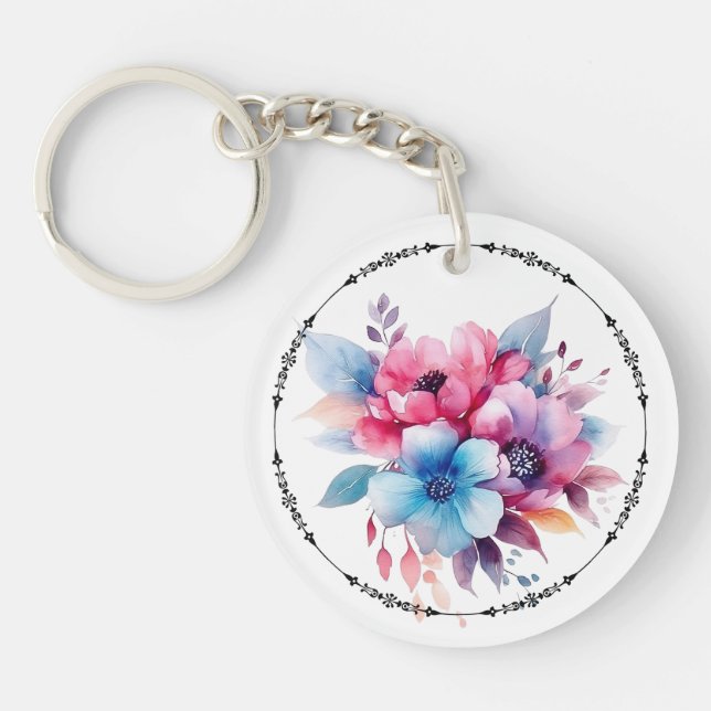 Llavero Diseño floral de flores de acuarela (Frente)