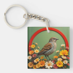 Llavero Diseño floral de gorrión para estilo de jardín 