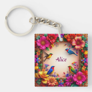 Llavero 🌸 Diseño Floral de Pájaro con Nombre Personalizad